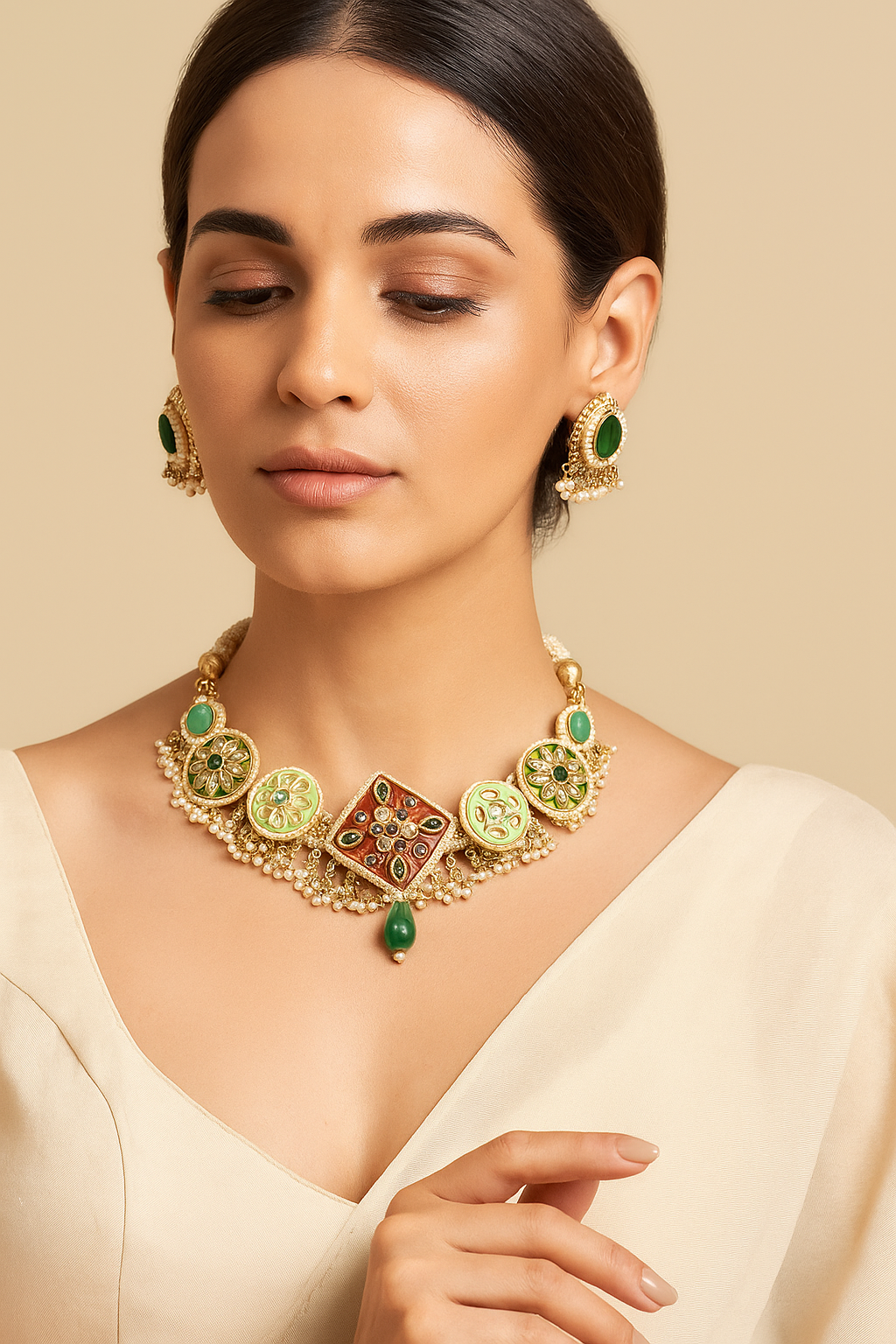 Green & Red Kundan Square Motif Choker Necklace Set with Pearl Detailing